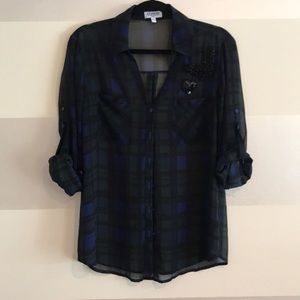 Express Sheer Plaid Button Down